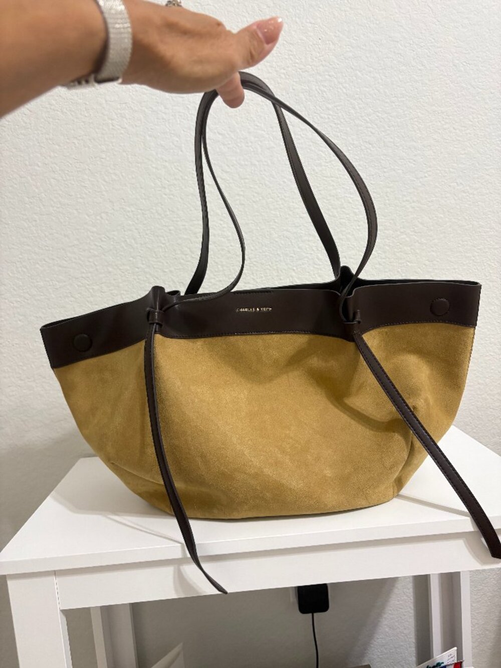 Charles & Keith Calla Suede Tote Bag Camel Mustard Chocolate Brown